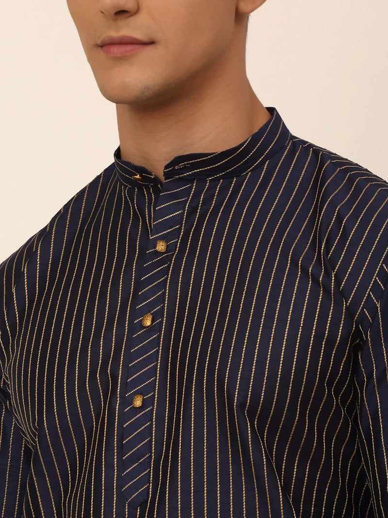 Men Navy Blue Striped Pleated Chikankari Kurta pyjama Set ( JOKP 666 Navy )