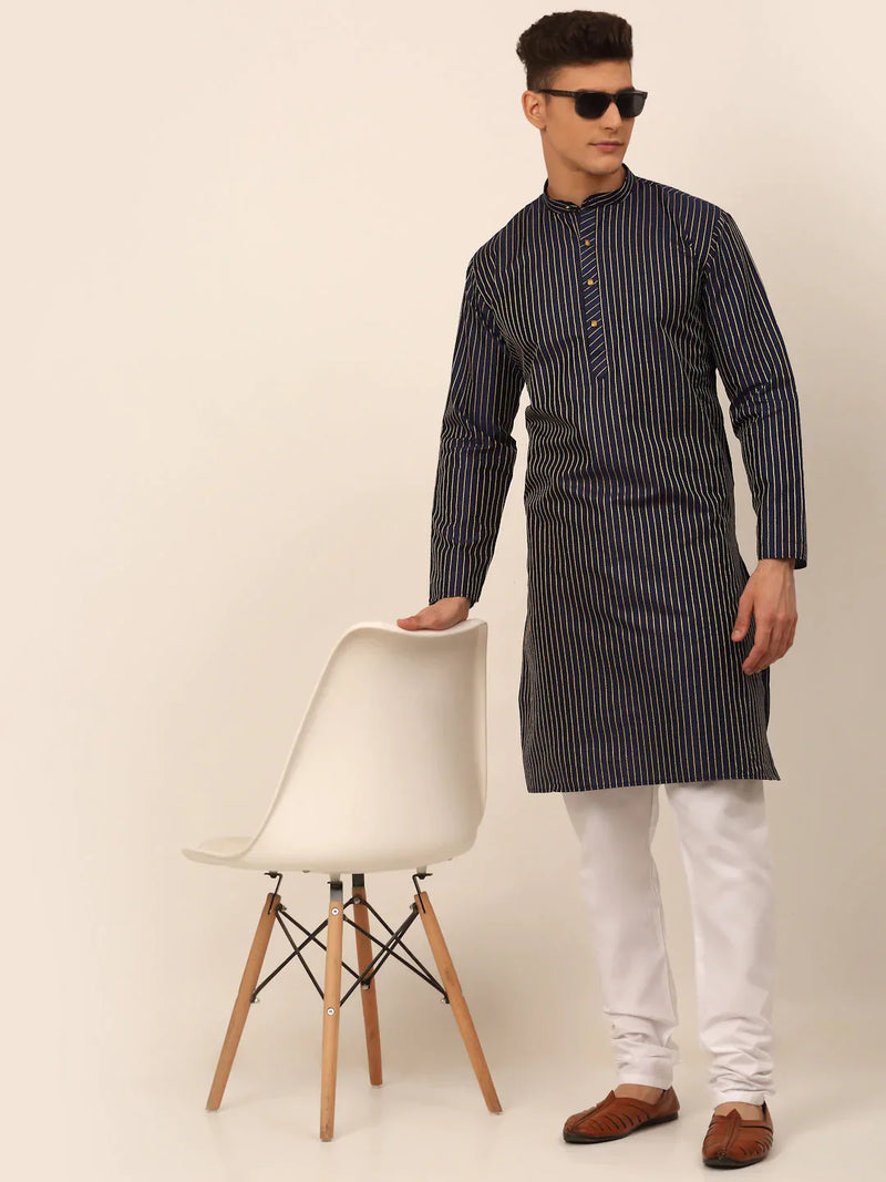 Men Navy Blue Striped Pleated Chikankari Kurta pyjama Set ( JOKP 666 Navy )