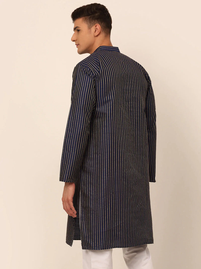 Men Navy Blue Striped Pleated Chikankari Kurta Only ( KO 666 Navy )