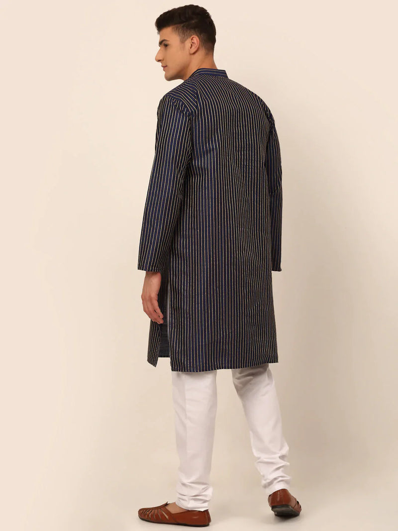 Men Navy Blue Striped Pleated Chikankari Kurta pyjama Set ( JOKP 666 Navy )