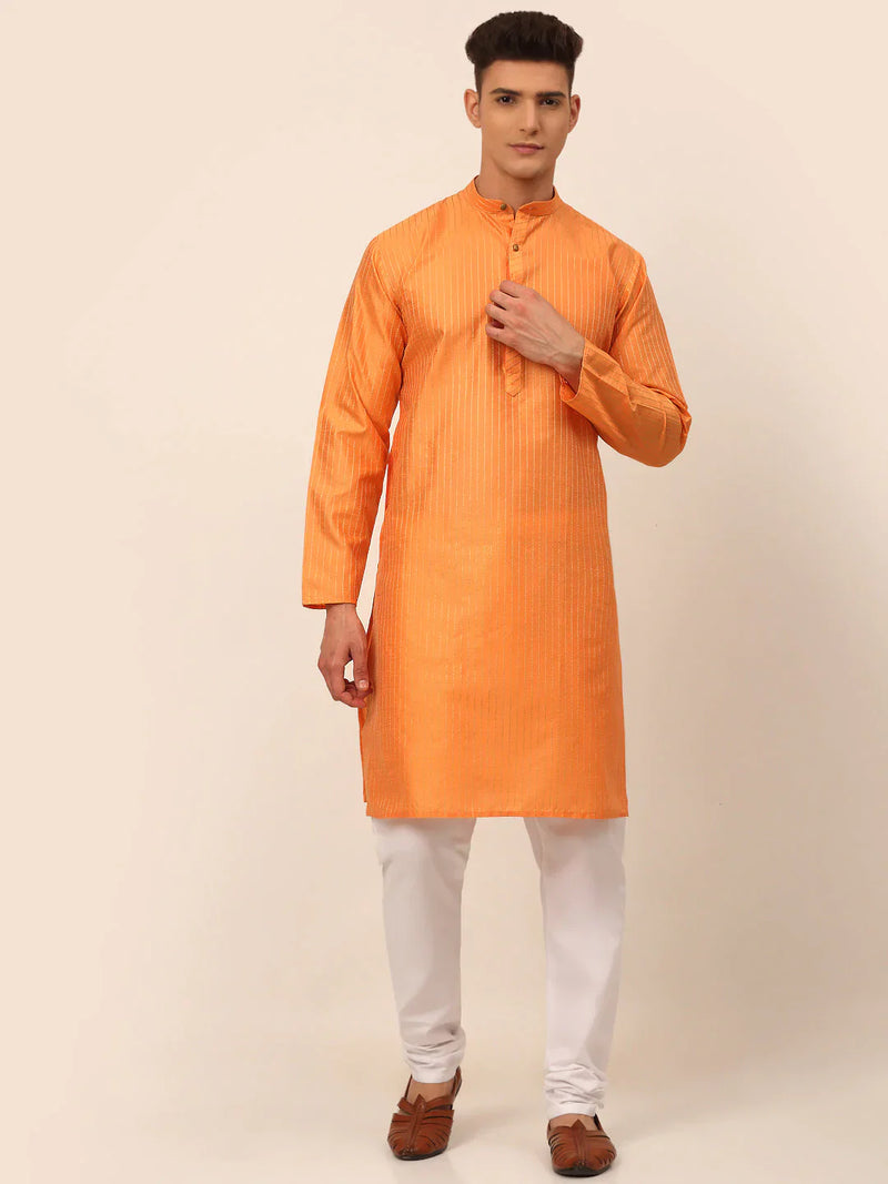 Men Peach Striped Pleated Chikankari Kurta pyjama Set ( JOKP 666 Peach )