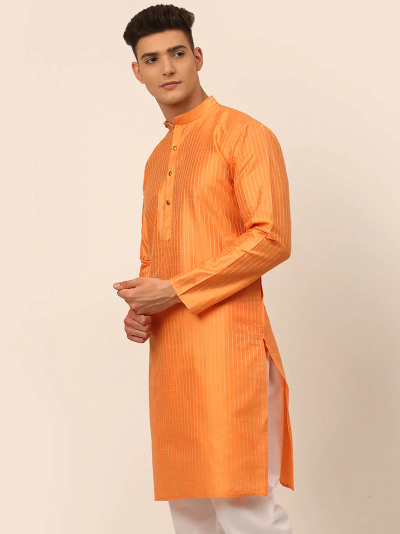 Men Peach Striped Pleated Chikankari Kurta Only ( KO 666 Peach )