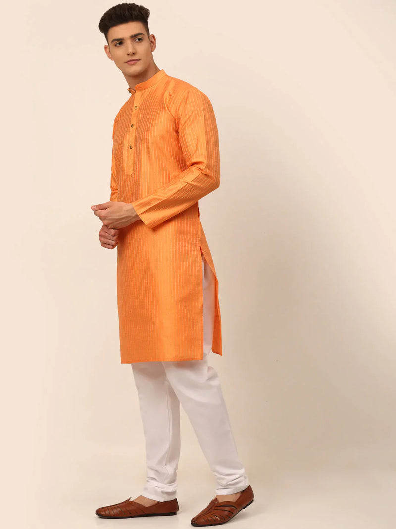 Men Peach Striped Pleated Chikankari Kurta pyjama Set ( JOKP 666 Peach )