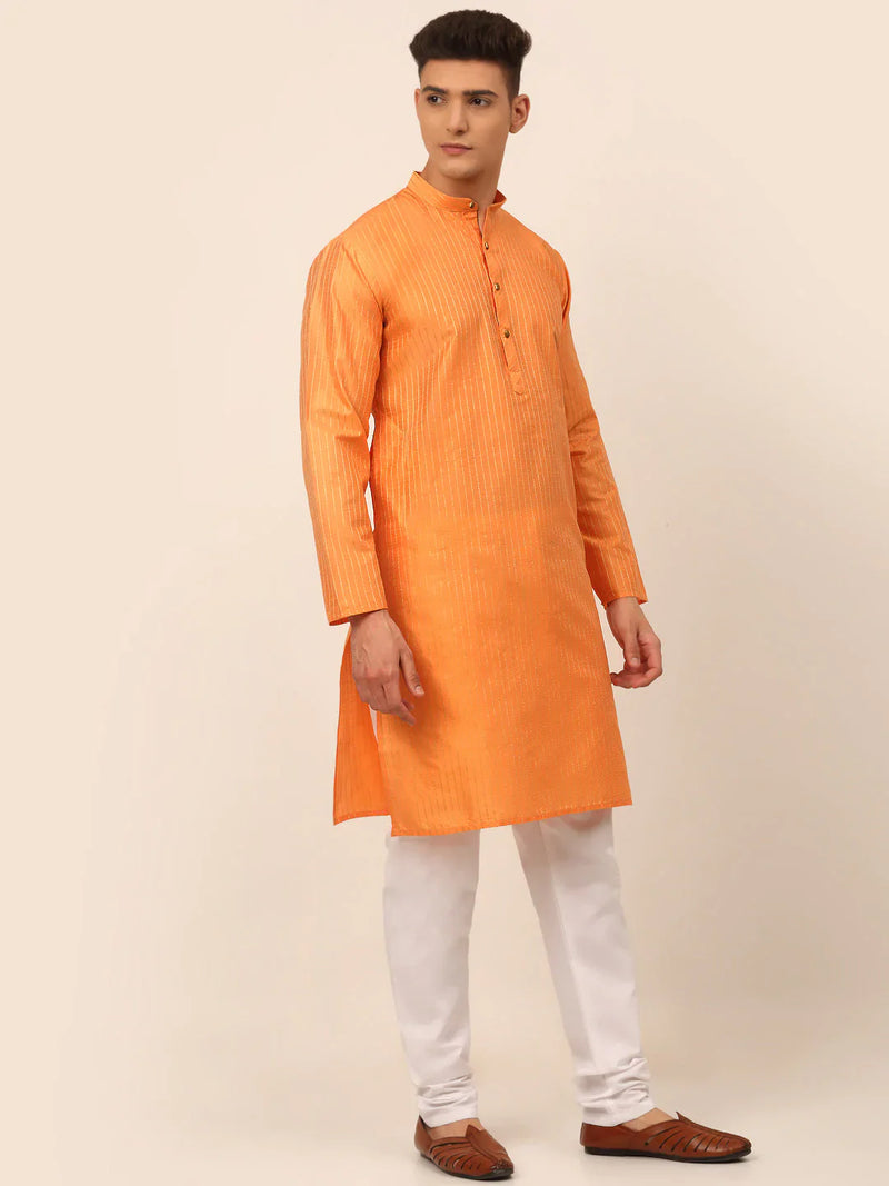 Men Peach Striped Pleated Chikankari Kurta Only ( KO 666 Peach )