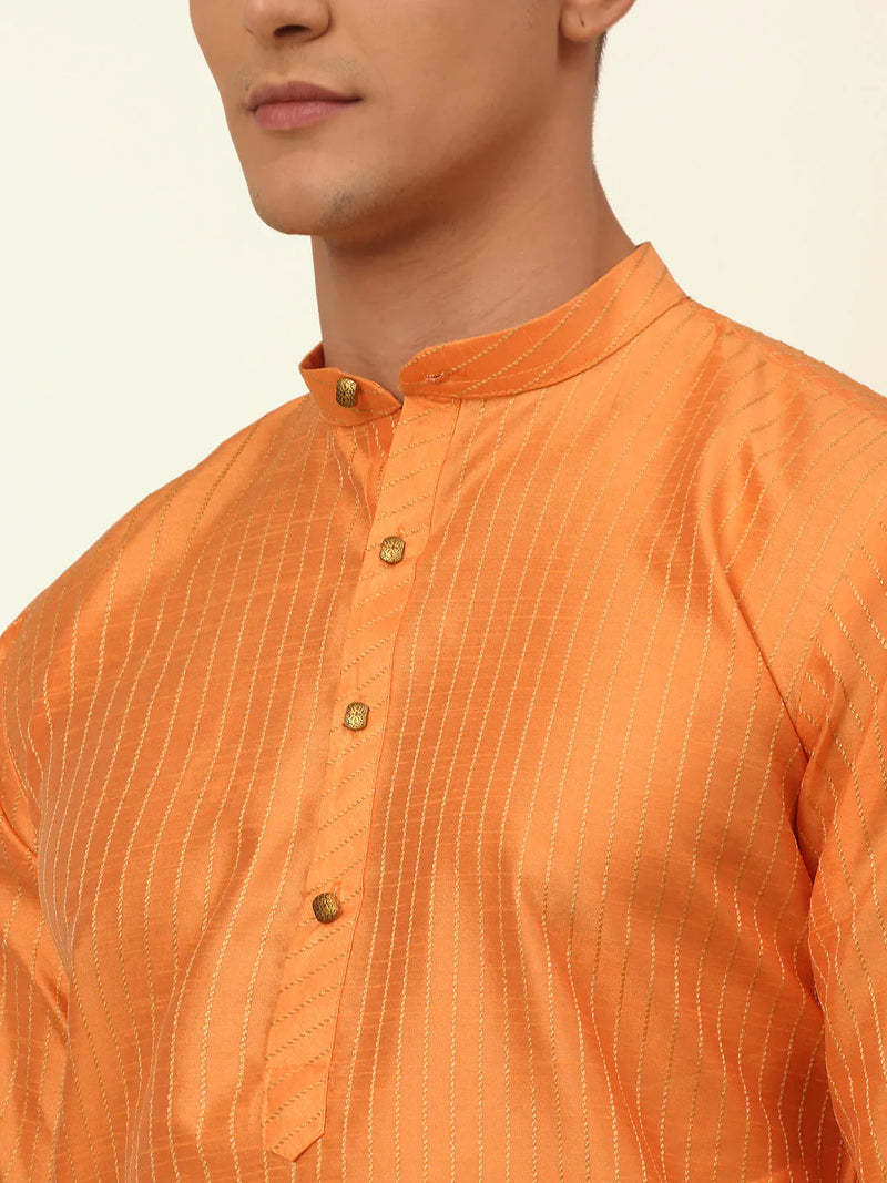 Men Peach Striped Pleated Chikankari Kurta Only ( KO 666 Peach )