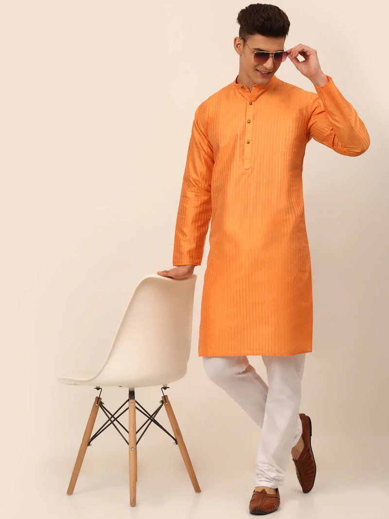 Men Peach Striped Pleated Chikankari Kurta pyjama Set ( JOKP 666 Peach )