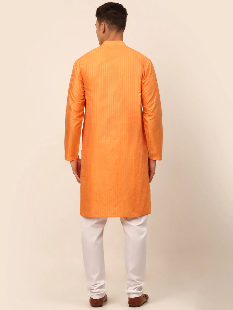 Men Peach Striped Pleated Chikankari Kurta pyjama Set ( JOKP 666 Peach )