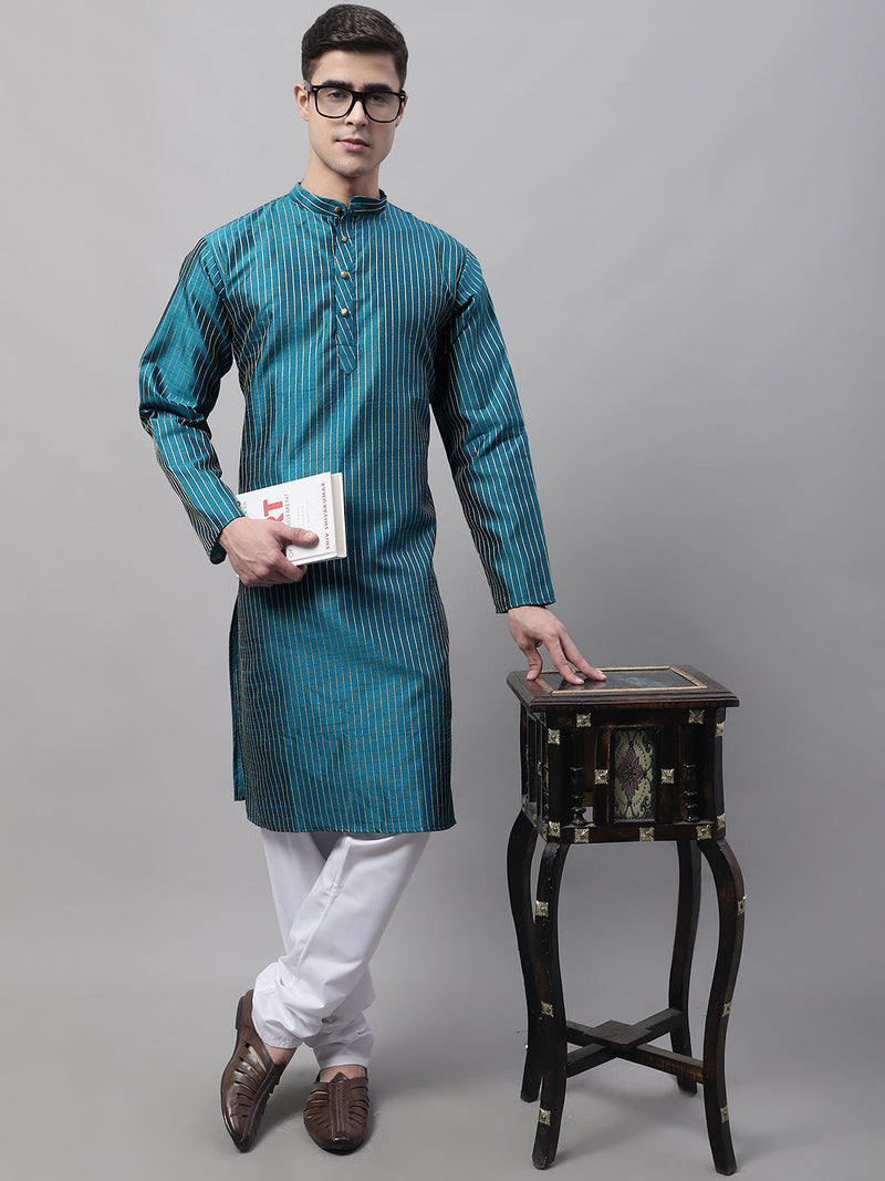 Men Peacock Blue Embroidered Design Kurta with Pyjamas