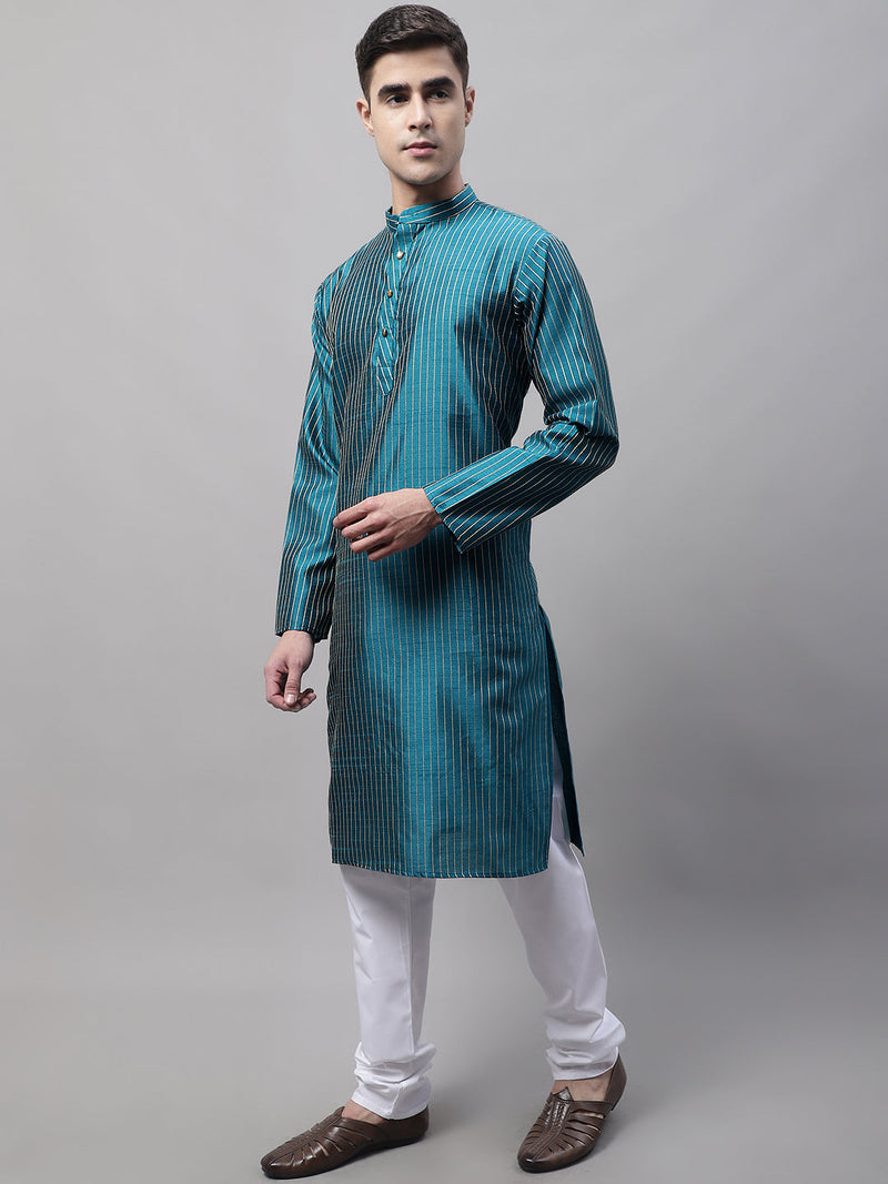 Men Peacock Blue Embroidered Design Kurta with Pyjamas