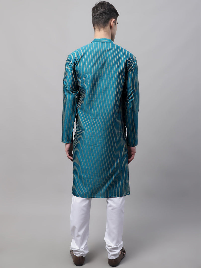 Men Peacock Blue Embroidered Design Kurta with Pyjamas