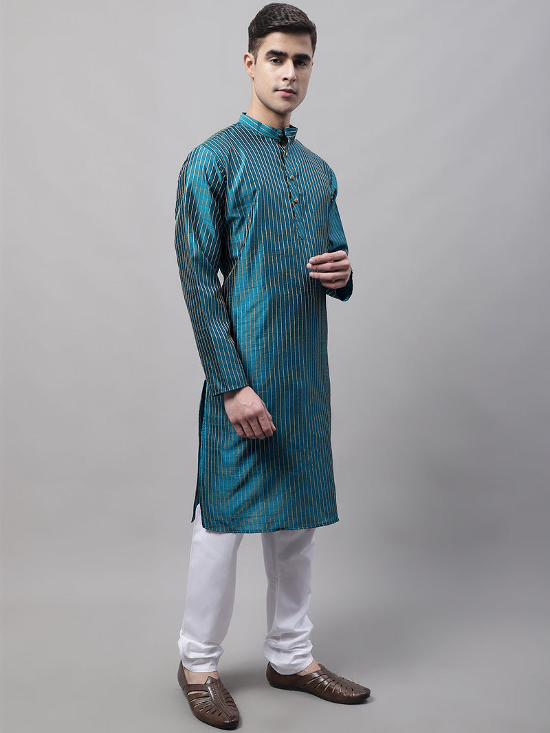 Men Peacock Blue Embroidered Design Kurta with Pyjamas