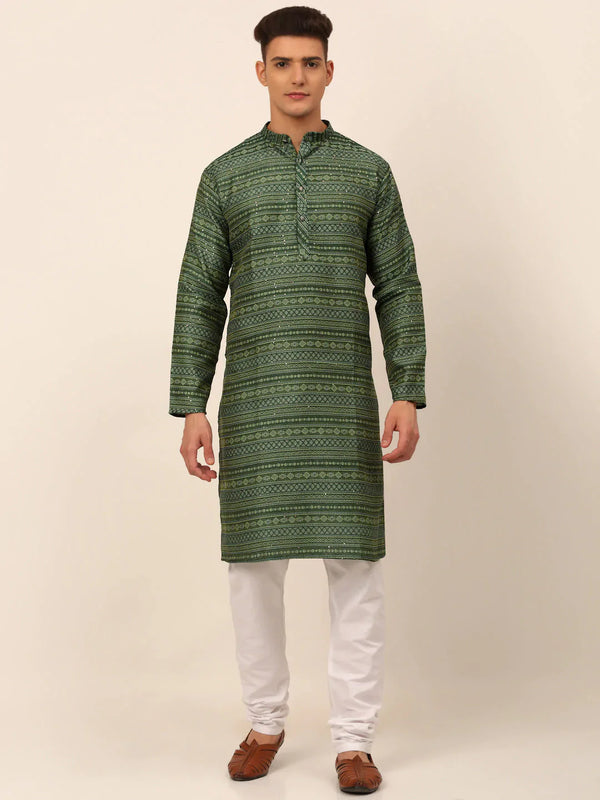 Men Sequinned Kurta with Churidar ( JOKP 668 Green )