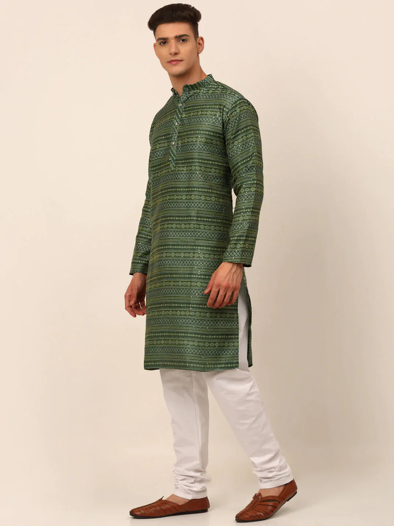 Men Sequinned Kurta with Churidar ( JOKP 668 Green )