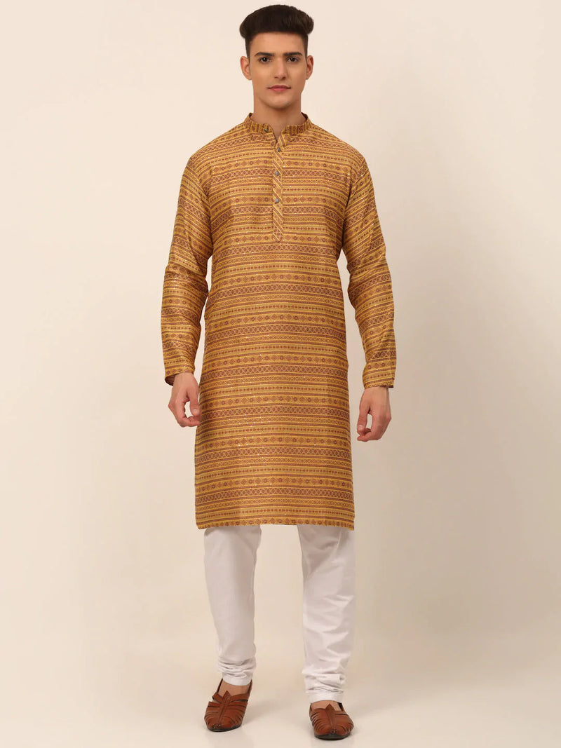 Men Printed Sequinned Kurta with Churidar ( JOKP 668 Yellow )