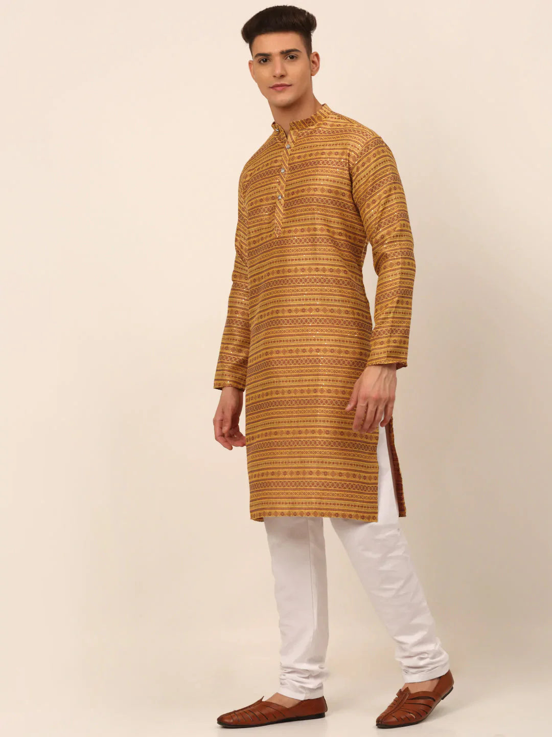 Men Printed Sequinned Kurta with Churidar ( JOKP 668 Yellow )