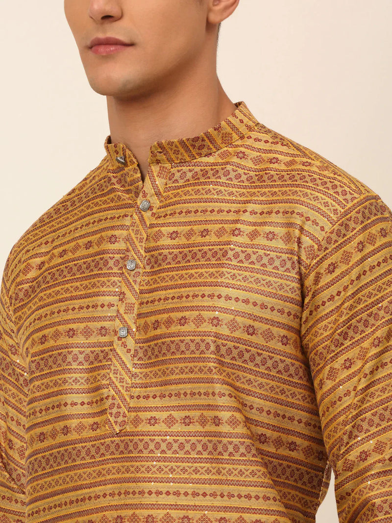 Men Printed Sequinned Kurta with Churidar ( JOKP 668 Yellow )