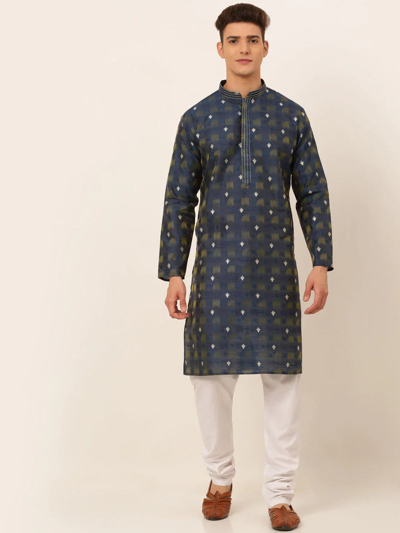 Jompers Men's Navy Blue Collar Embroidered Woven Design Kurta Pajama ( JOKP 672 Navy )