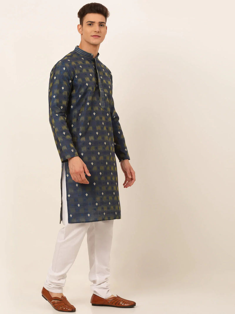 Jompers Men's Navy Blue Collar Embroidered Woven Design Kurta Pajama ( JOKP 672 Navy )