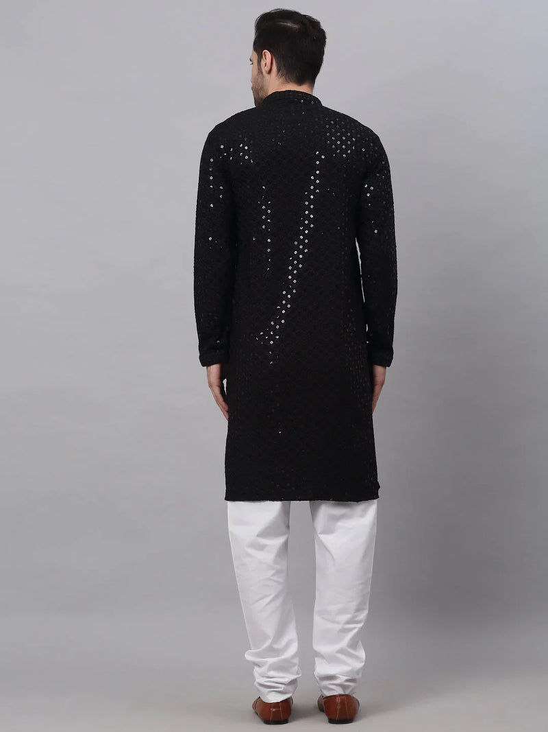 Men Black Chikankari Embroidered and Sequence Kurta with Churidar ( JOKP 678 Black )