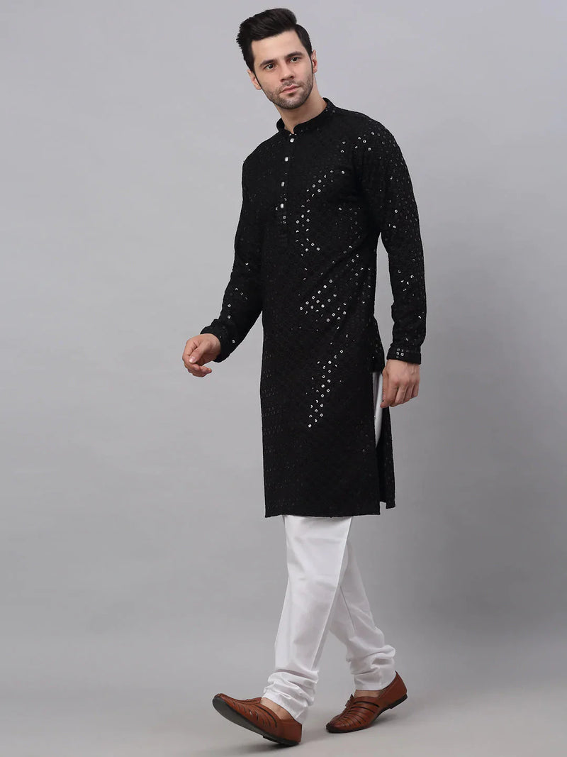 Men Black Chikankari Embroidered and Sequence Kurta with Churidar ( JOKP 678 Black )