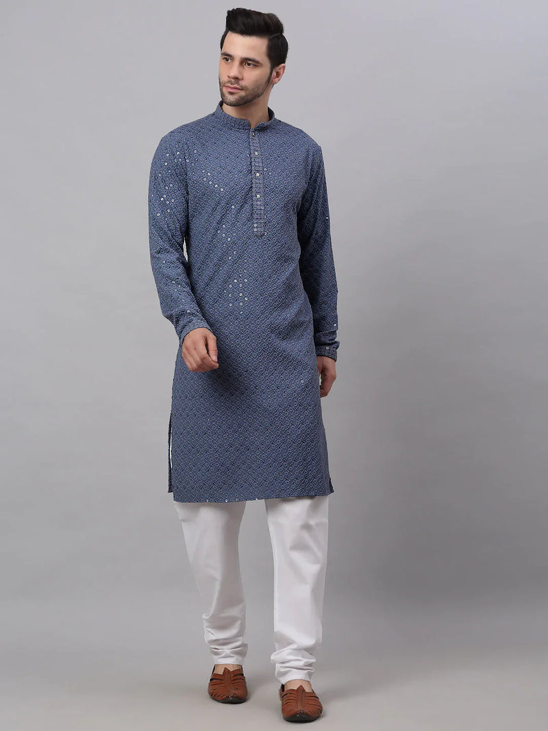 Men Grey Chikankari Embroidered and Sequence Kurta with Churidar ( JOKP 678 Grey )