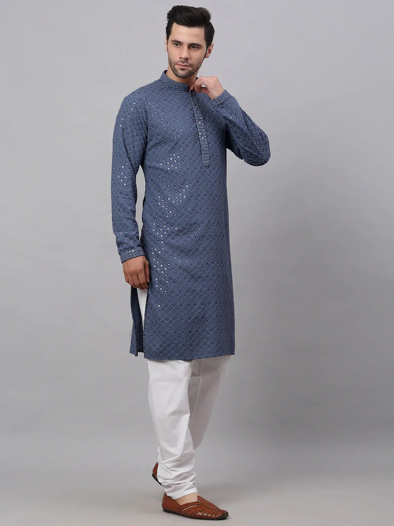 Men Grey Chikankari Embroidered and Sequence Kurta with Churidar ( JOKP 678 Grey )