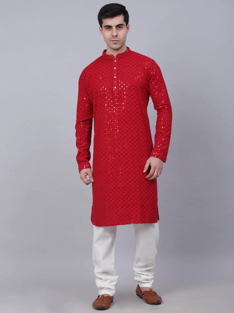 Men Maroon Chikankari Embroidered and Sequence Kurta with Churidar ( JOKP 678 Maroon )