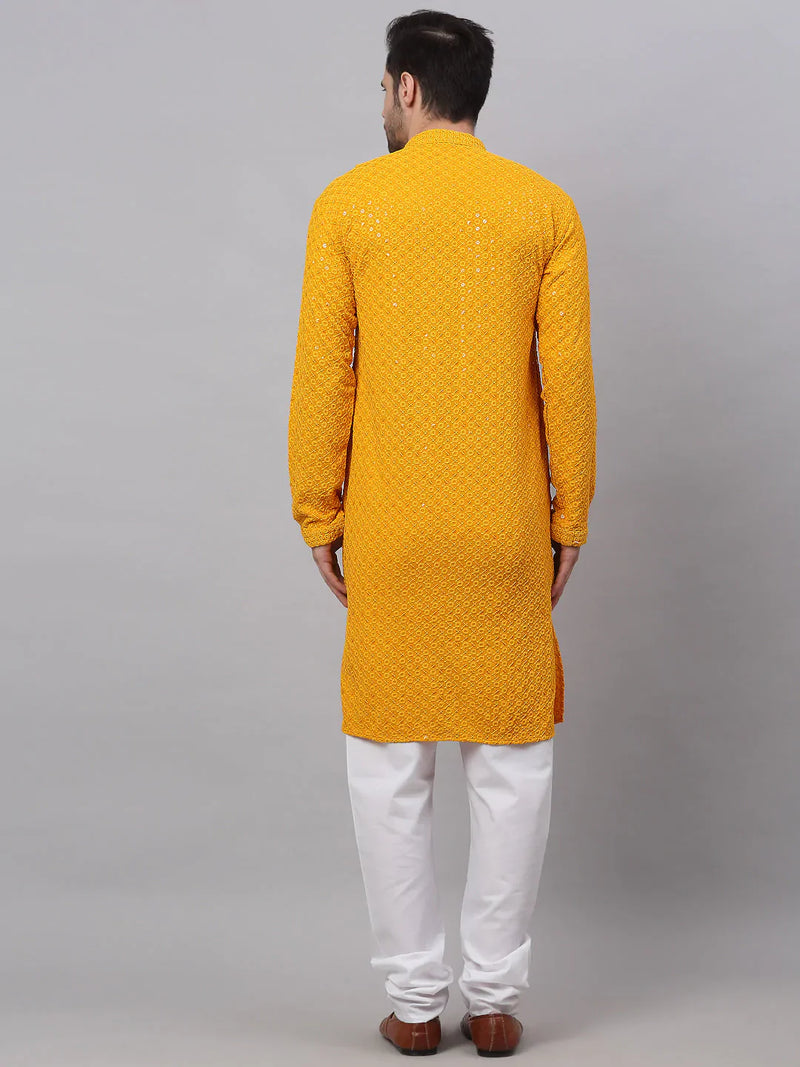 Men Mustard Chikankari Embroidered and Sequence Kurta with Churidar ( JOKP 678 Mustard )