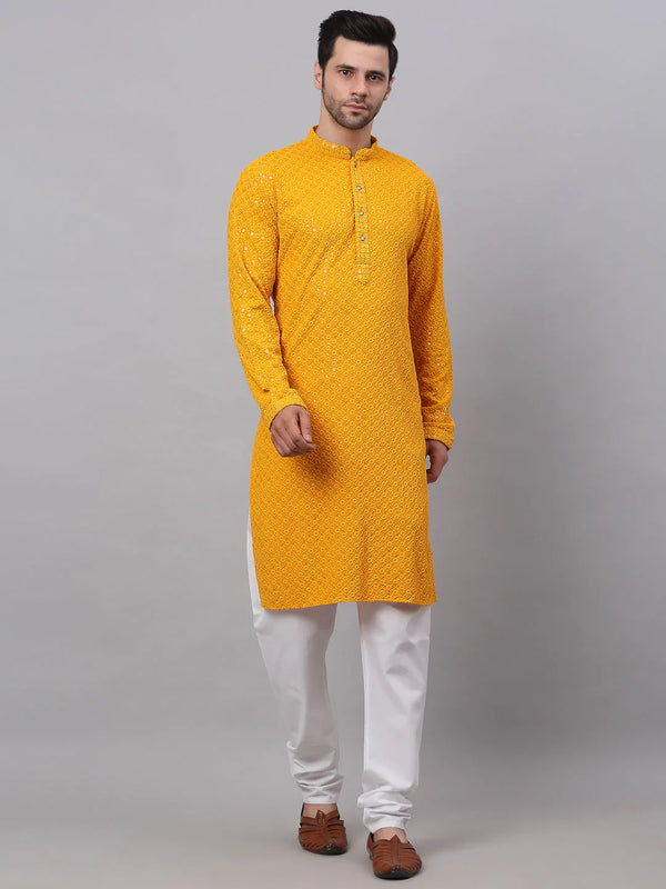 Men Mustard Chikankari Embroidered and Sequence Kurta with Churidar ( JOKP 678 Mustard )