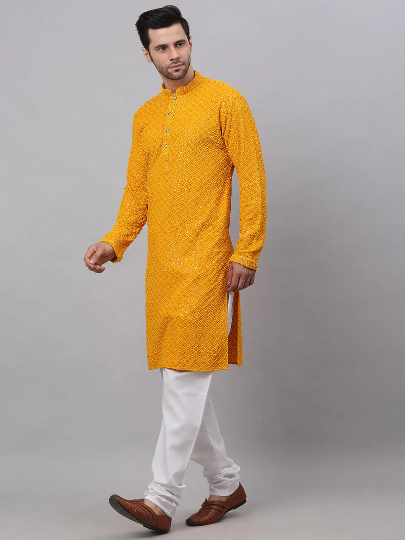 Men Mustard Chikankari Embroidered and Sequence Kurta with Churidar ( JOKP 678 Mustard )