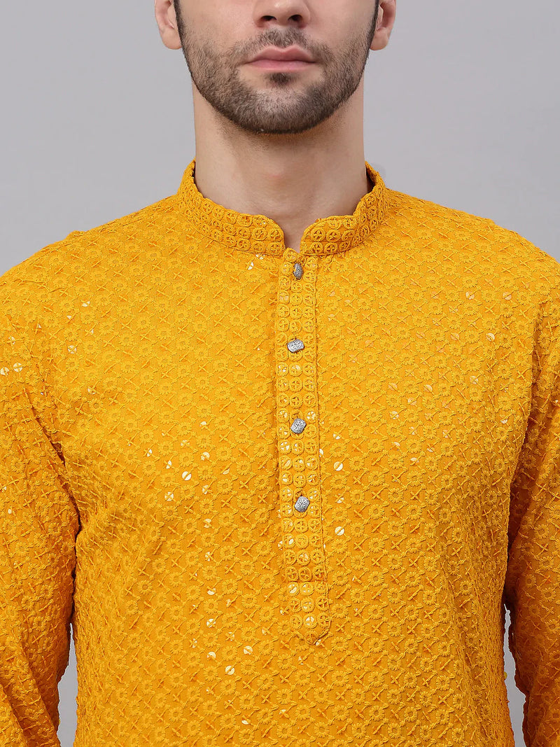 Men Mustard Chikankari Embroidered and Sequence Kurta with Churidar ( JOKP 678 Mustard )