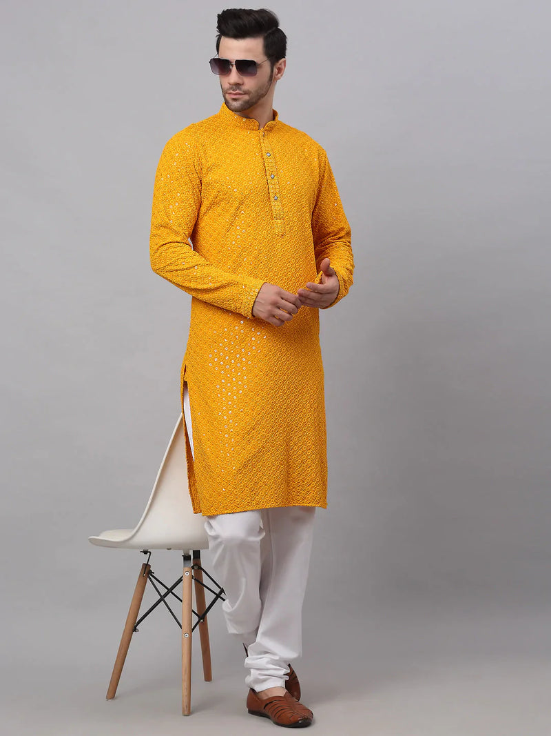 Men Mustard Chikankari Embroidered and Sequence Kurta with Churidar ( JOKP 678 Mustard )