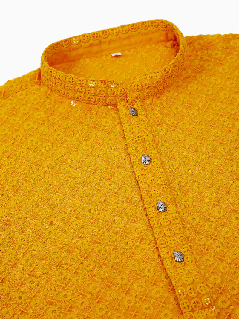 Men Mustard Chikankari Embroidered and Sequence Kurta with Churidar ( JOKP 678 Mustard )