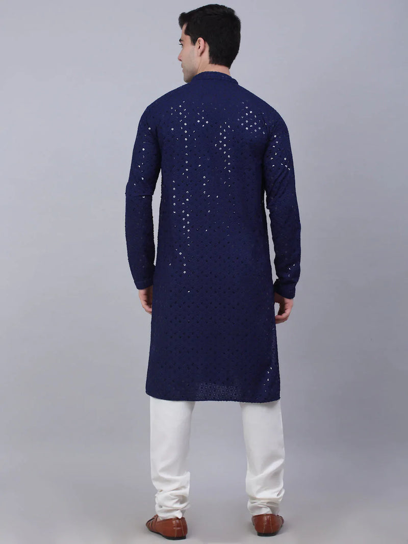 Men Navy Blue Chikankari Embroidered and Sequence Kurta with Churidar ( JOKP 678 Navy )