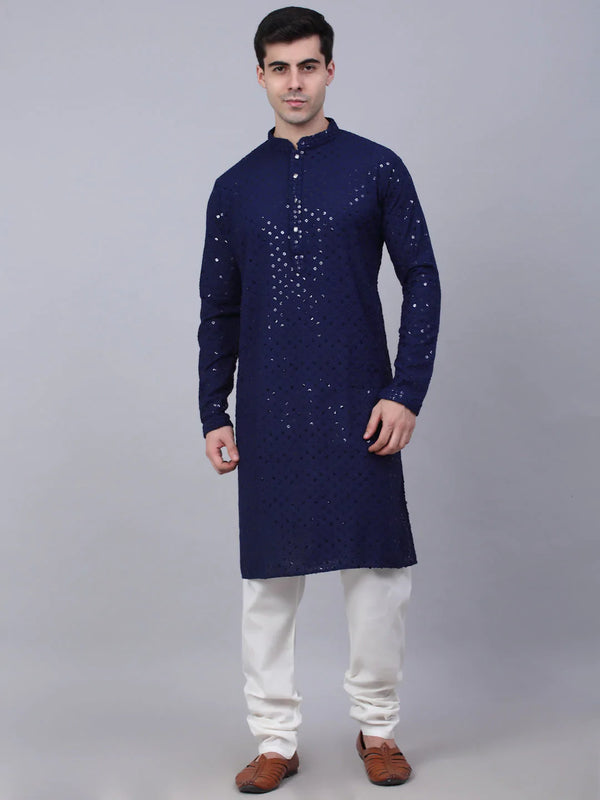 Men Navy Blue Chikankari Embroidered and Sequence Kurta with Churidar ( JOKP 678 Navy )