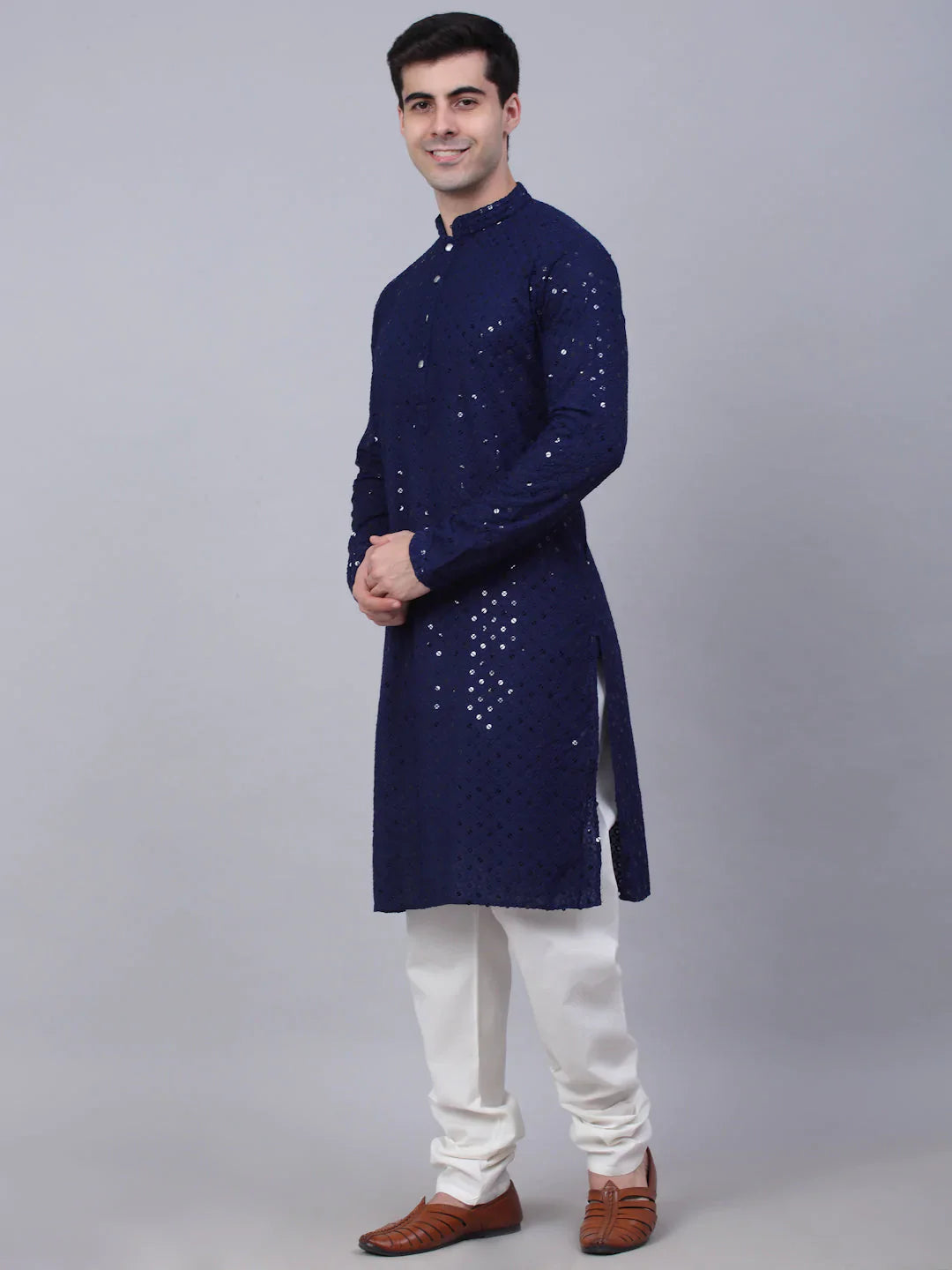 Men Navy Blue Chikankari Embroidered and Sequence Kurta with Churidar ( JOKP 678 Navy )