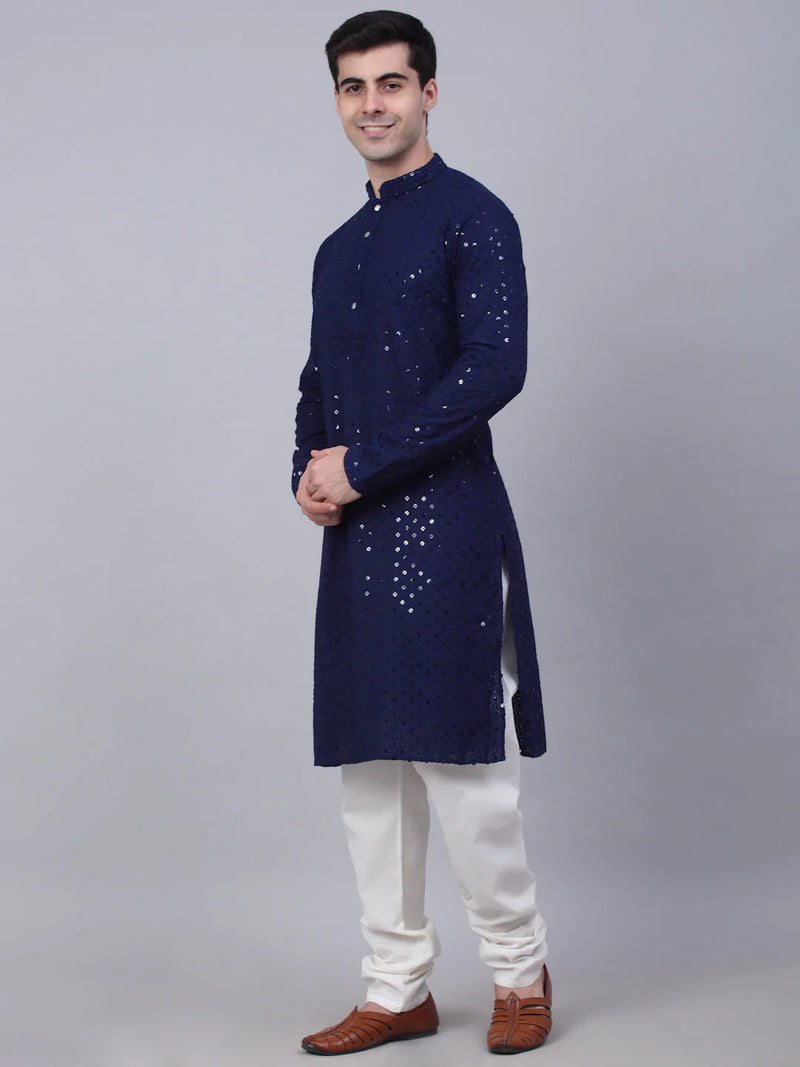 Men Navy Blue Chikankari Embroidered and Sequence Kurta with Churidar ( JOKP 678 Navy )