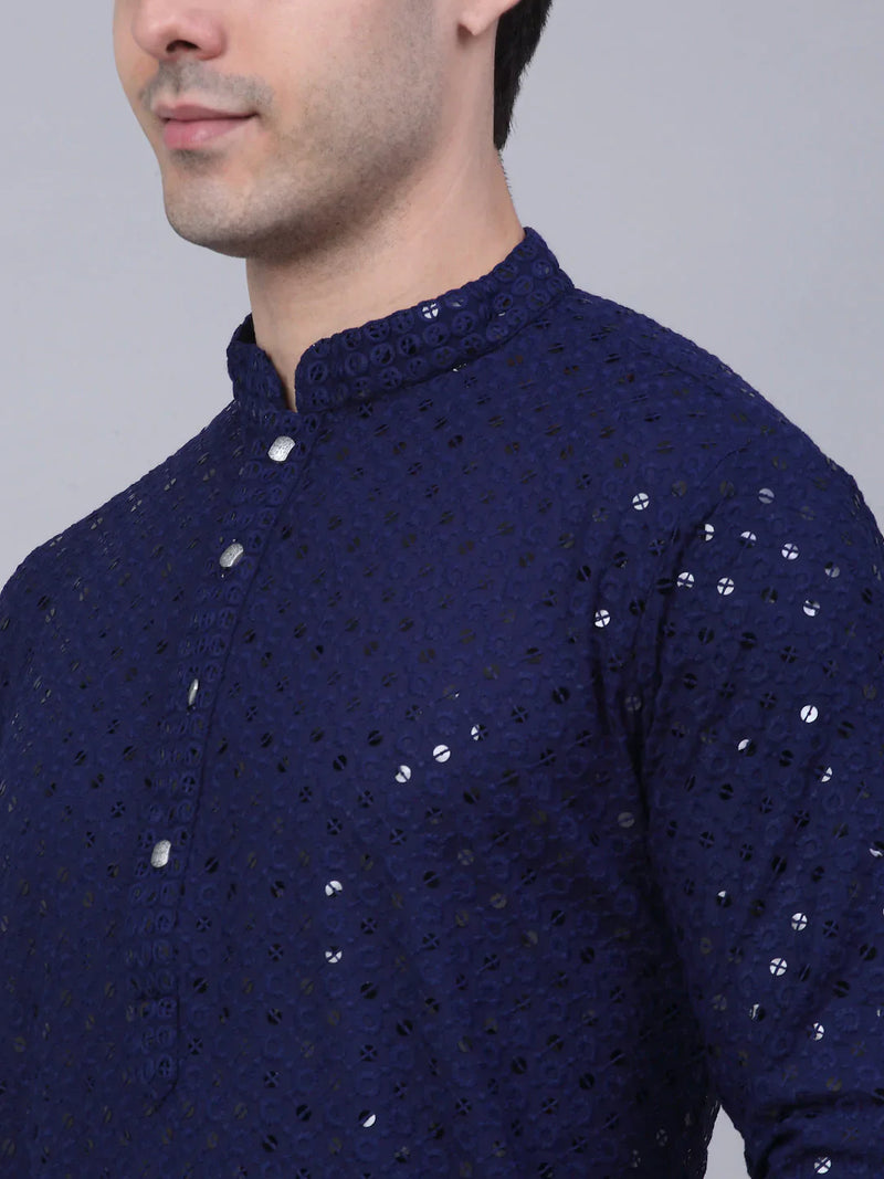 Men Navy Blue Chikankari Embroidered and Sequence Kurta with Churidar ( JOKP 678 Navy )