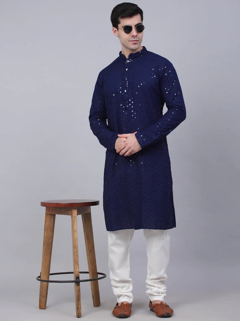 Men Navy Blue Chikankari Embroidered and Sequence Kurta with Churidar ( JOKP 678 Navy )