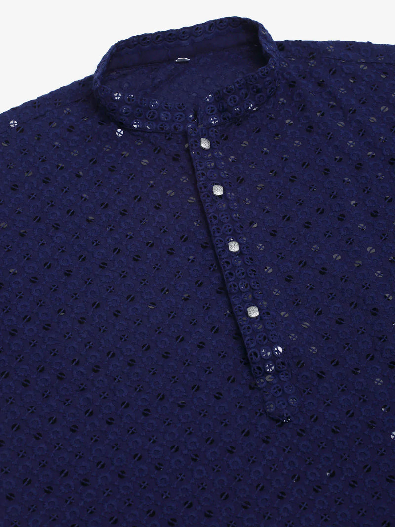 Men Navy Blue Chikankari Embroidered and Sequence Kurta with Churidar ( JOKP 678 Navy )