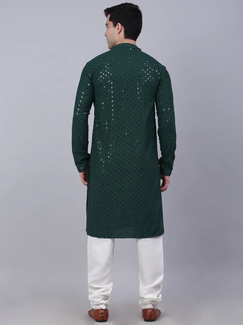 Men Olive Green Chikankari Embroidered and Sequence Kurta with Churidar ( JOKP 678 Olive )