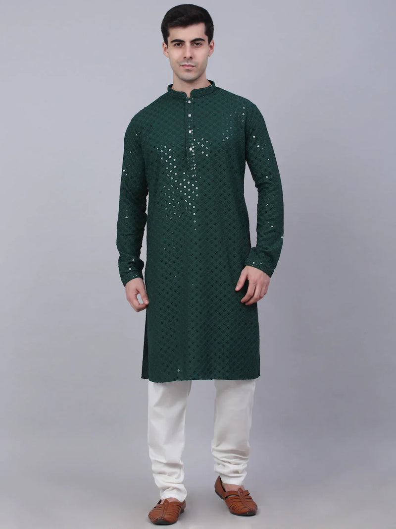 Men Olive Green Chikankari Embroidered and Sequence Kurta with Churidar ( JOKP 678 Olive )