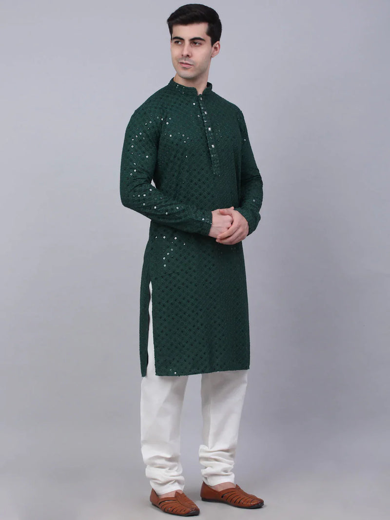 Men Olive Green Chikankari Embroidered and Sequence Kurta with Churidar ( JOKP 678 Olive )