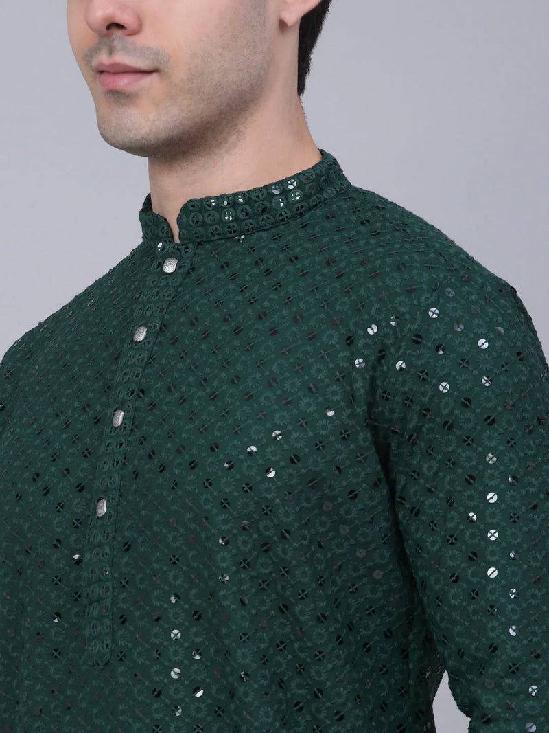 Men Olive Green Chikankari Embroidered and Sequence Kurta with Churidar ( JOKP 678 Olive )