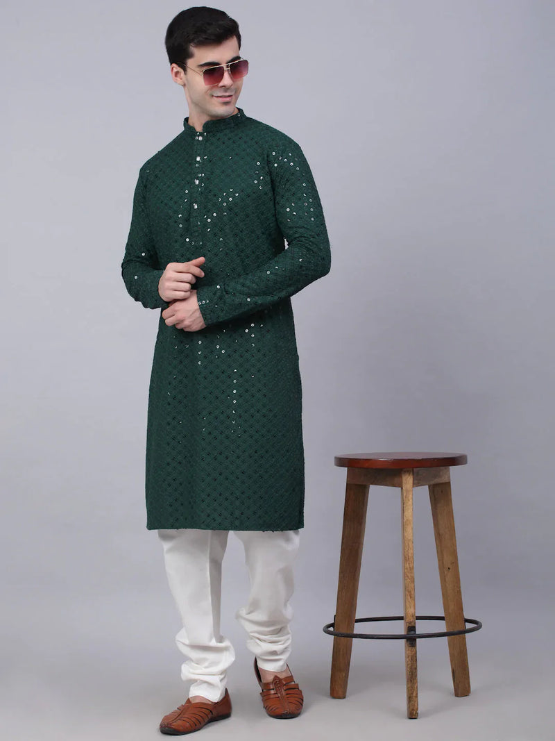 Men Olive Green Chikankari Embroidered and Sequence Kurta with Churidar ( JOKP 678 Olive )