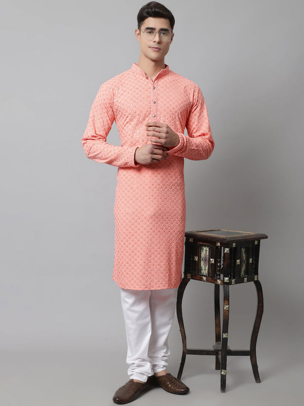 Men Peach Chikankari Embroidered and Sequence Kurta with Churidar ( JOKP 678Peach )