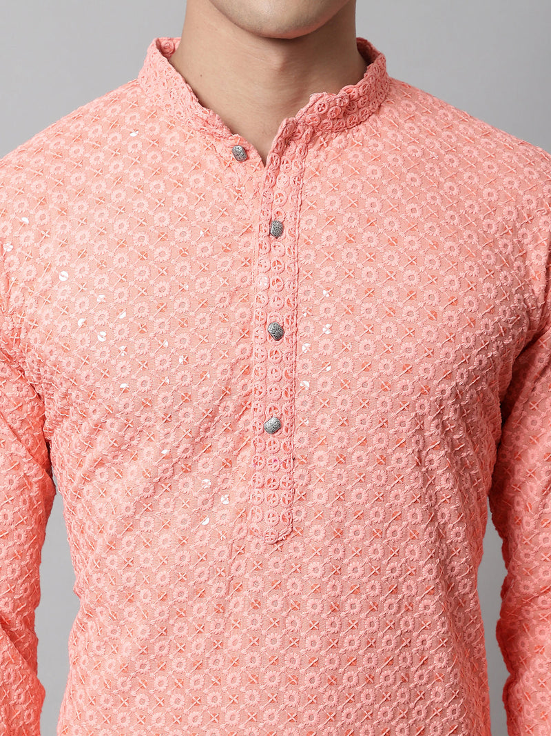 Men Peach Chikankari Embroidered and Sequence Kurta with Churidar ( JOKP 678Peach )