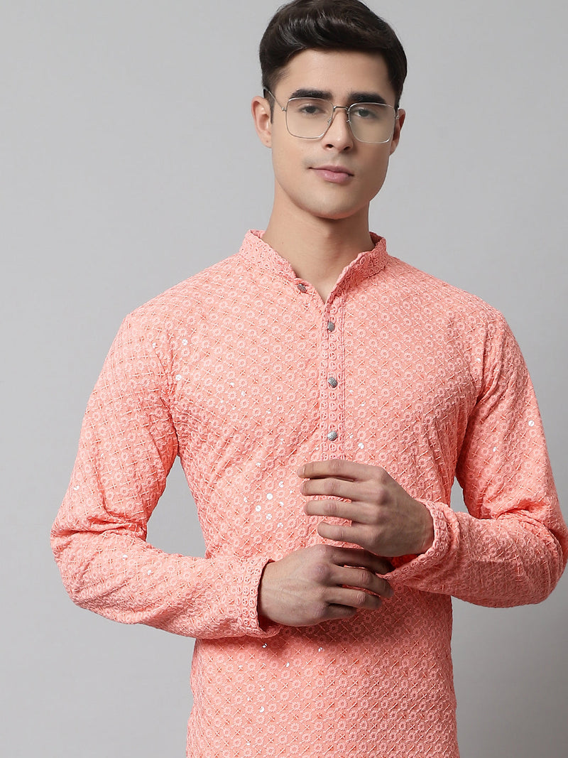 Men Peach Chikankari Embroidered and Sequence Kurta with Churidar ( JOKP 678Peach )