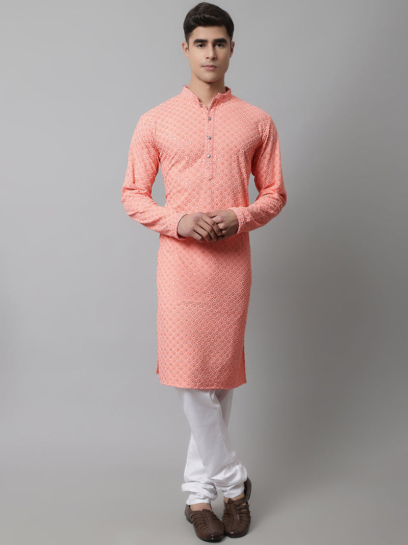 Men Peach Chikankari Embroidered and Sequence Kurta with Churidar ( JOKP 678Peach )