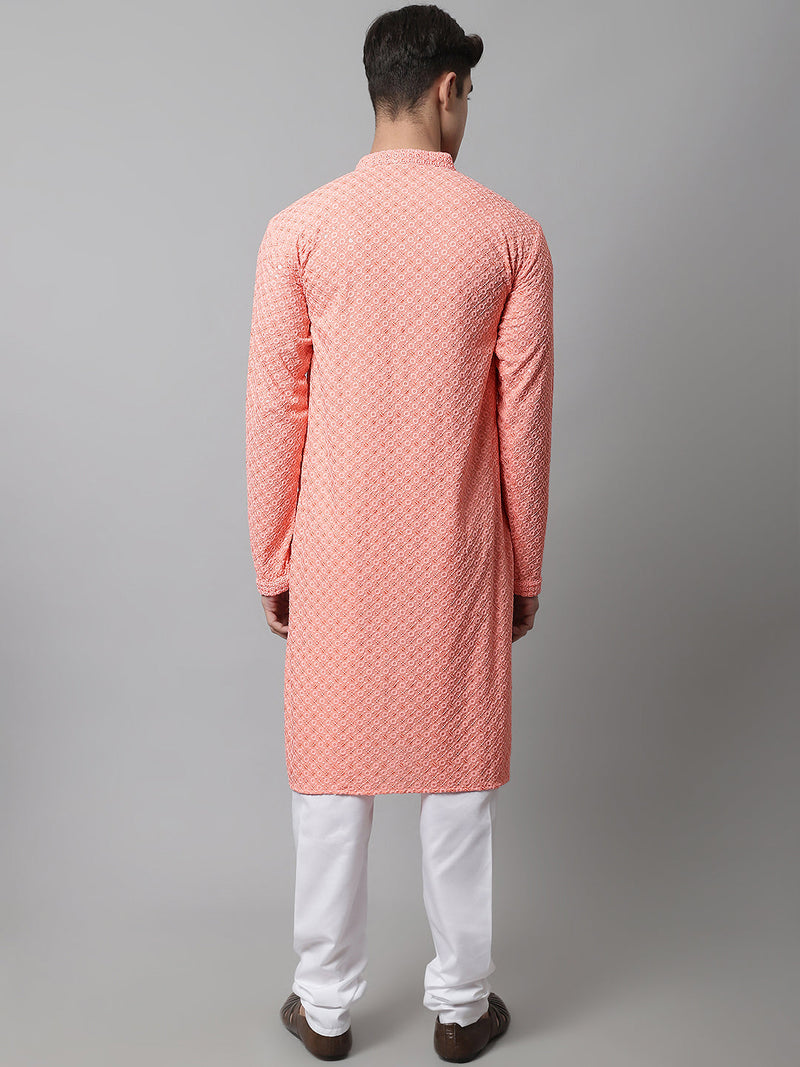 Men Peach Chikankari Embroidered and Sequence Kurta with Churidar ( JOKP 678Peach )